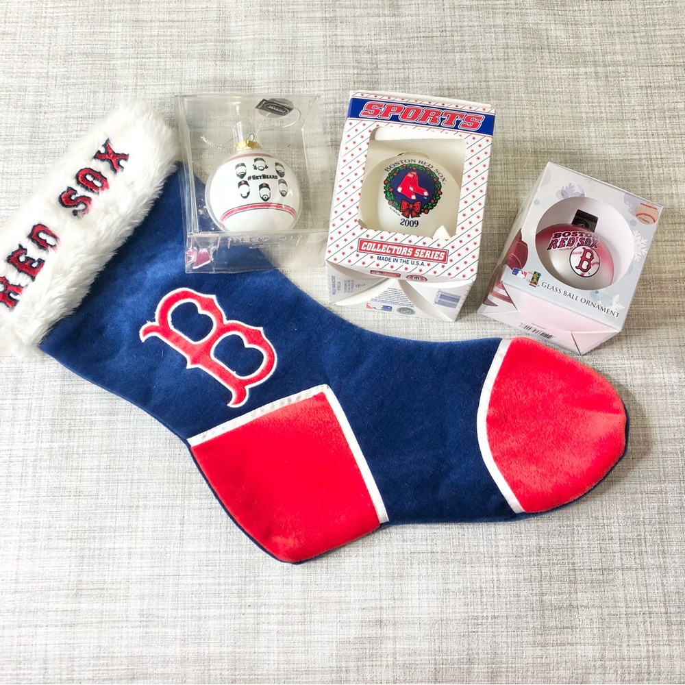 MLB Boston Red Sox Baseball fan Christmas bundle, 3 glass ornaments & stocking